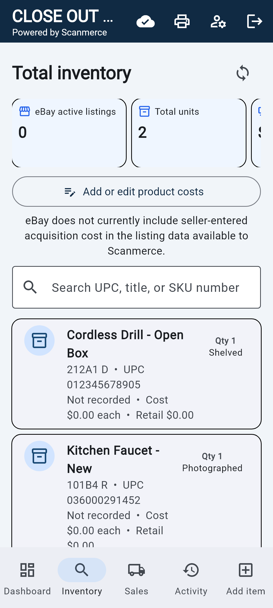 Scanmerce total inventory in the real Android app